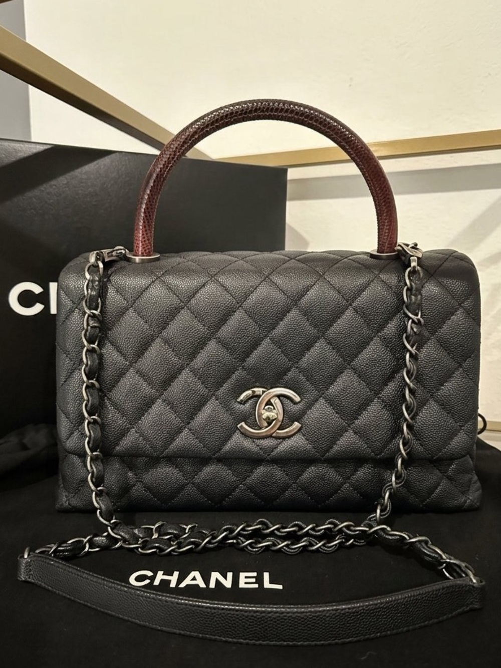 Chanel Authentic Top Handle Black Caviar with Burgundy Authentic Lizard 2017 med
